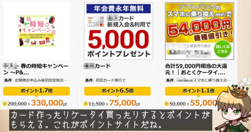 ポイントサイトはこういう何かしらの契約の対価でポイントがもらえる仕組み
