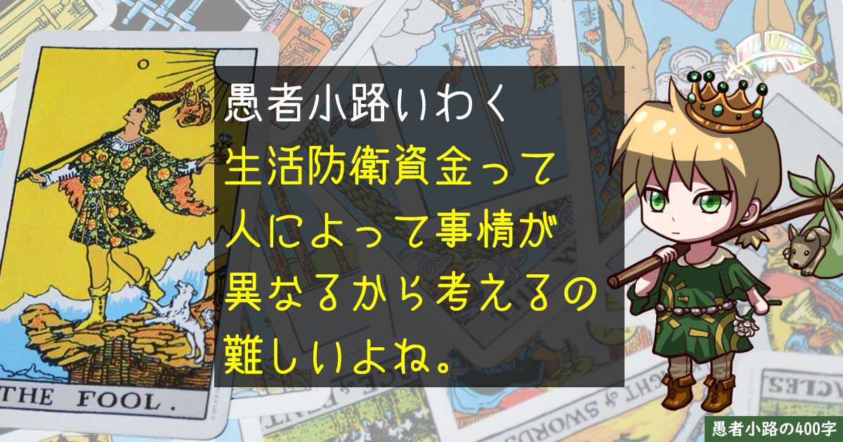 愚者小路の生活防衛資金事情とキープ額の考え方を400字で。