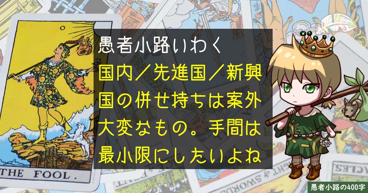 国内／先進国／新興国の併せ持ちを続ける投資家の日常を400字で。