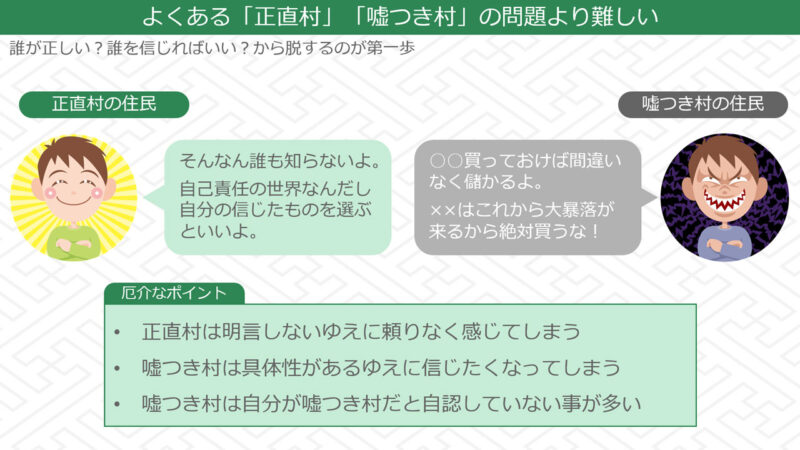 投資の世界における「正直村の住民」「嘘つき村の住民」の対立